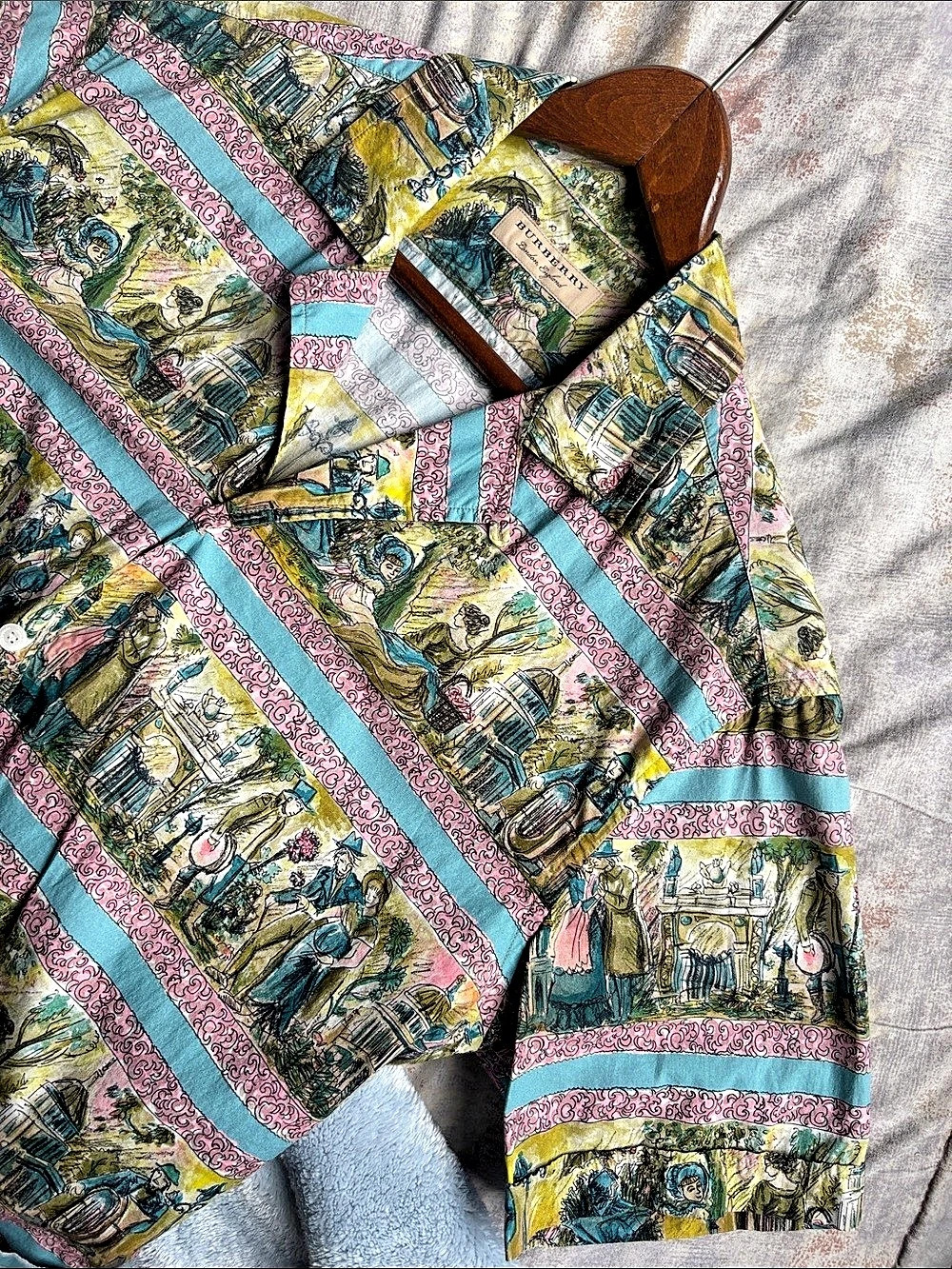 Burberry Rare Victorian London Print Camp Collar Shirt Men's Unisex Cotton